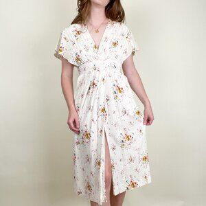 Vintage Floral Midi Sundress with Dolman Sleeves, Pleated, Slit Pockets
